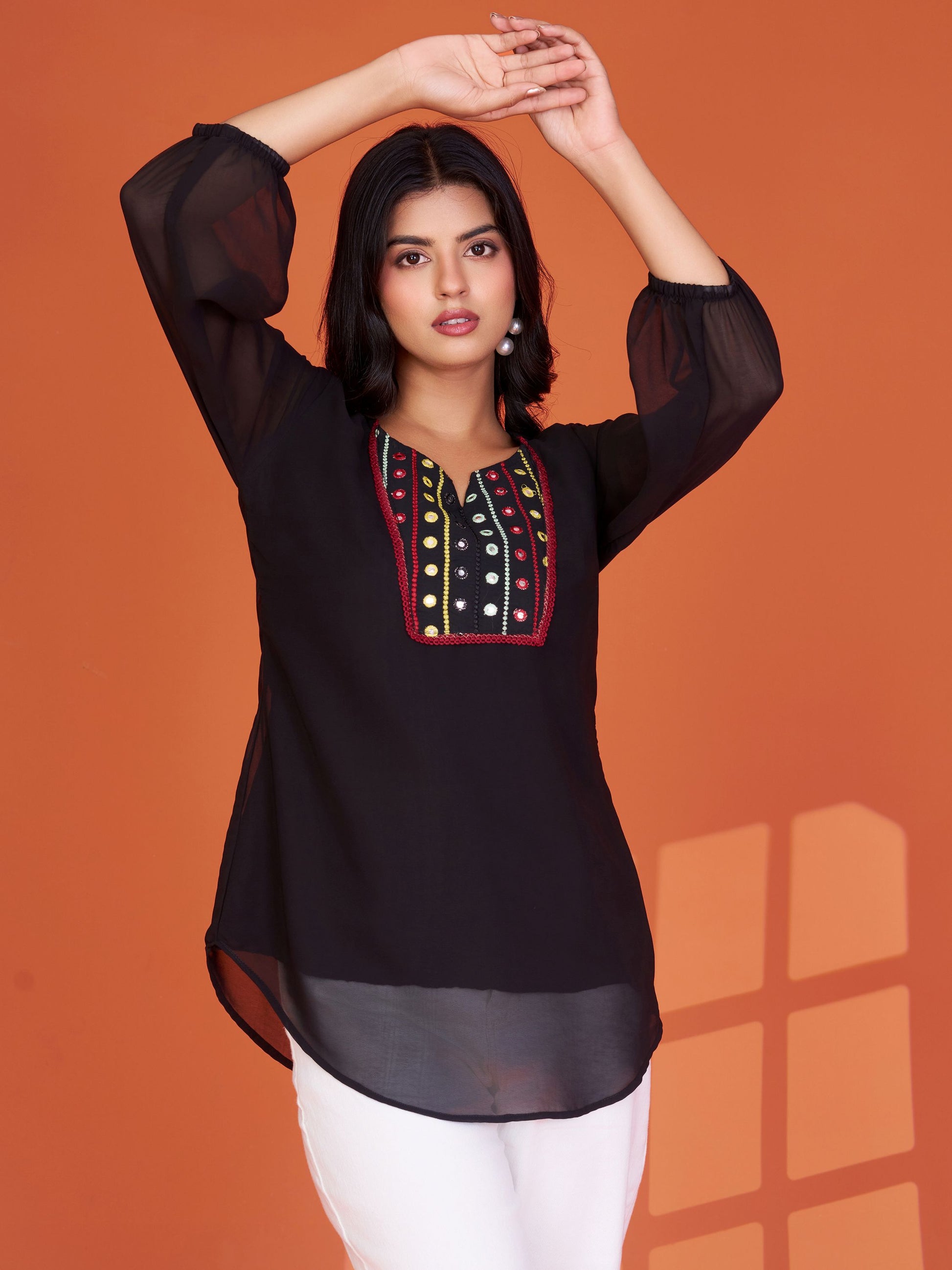 Graceful Black Embroidered Georgette Office Wear Top