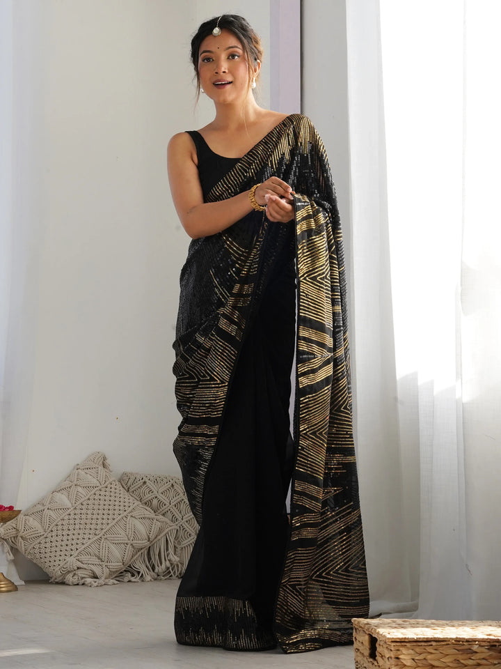 Graceful Black Sequins Georgette Party Wear Saree With Blouse - Zeel Clothing
