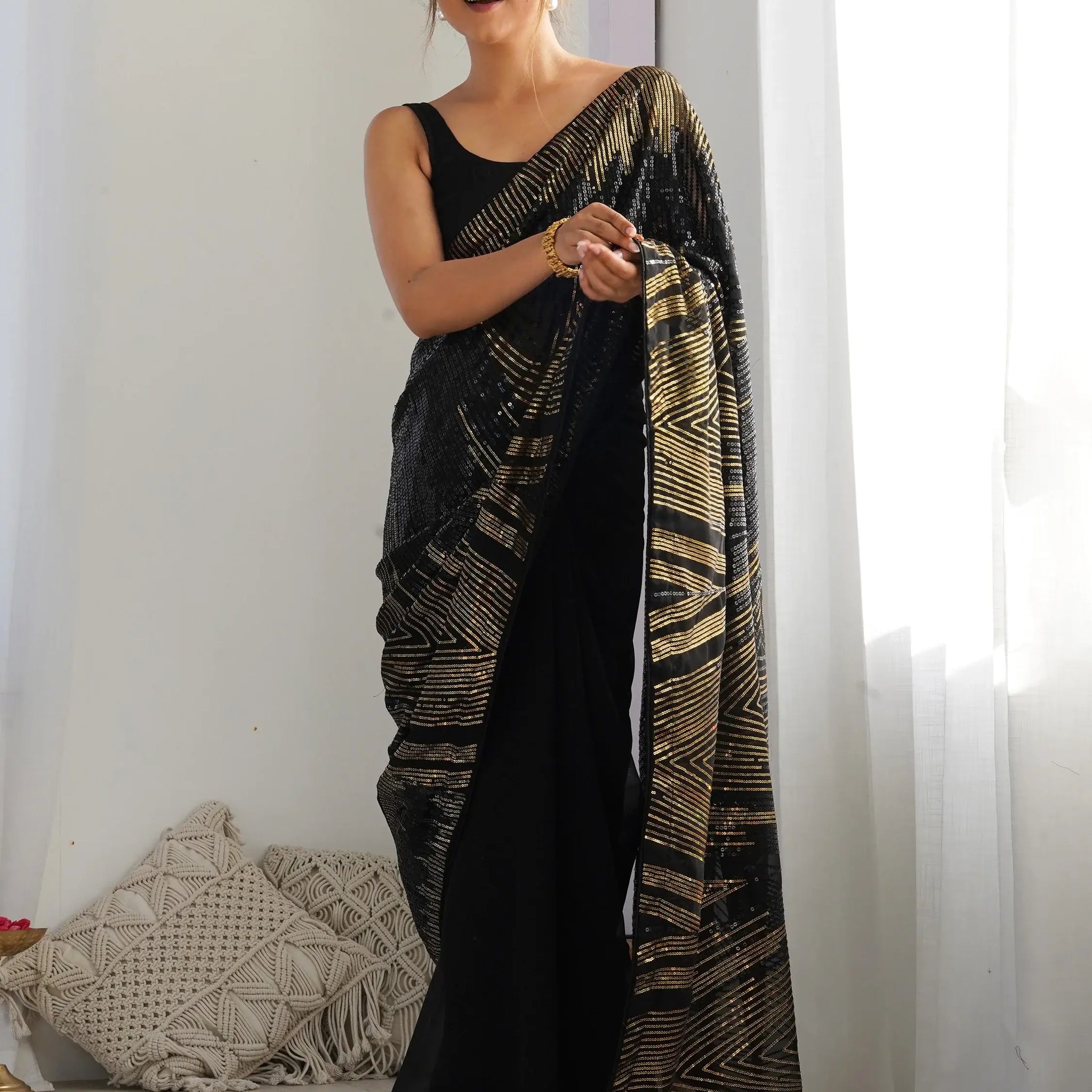 Graceful Black Sequins Georgette Party Wear Saree With Blouse - Zeel Clothing