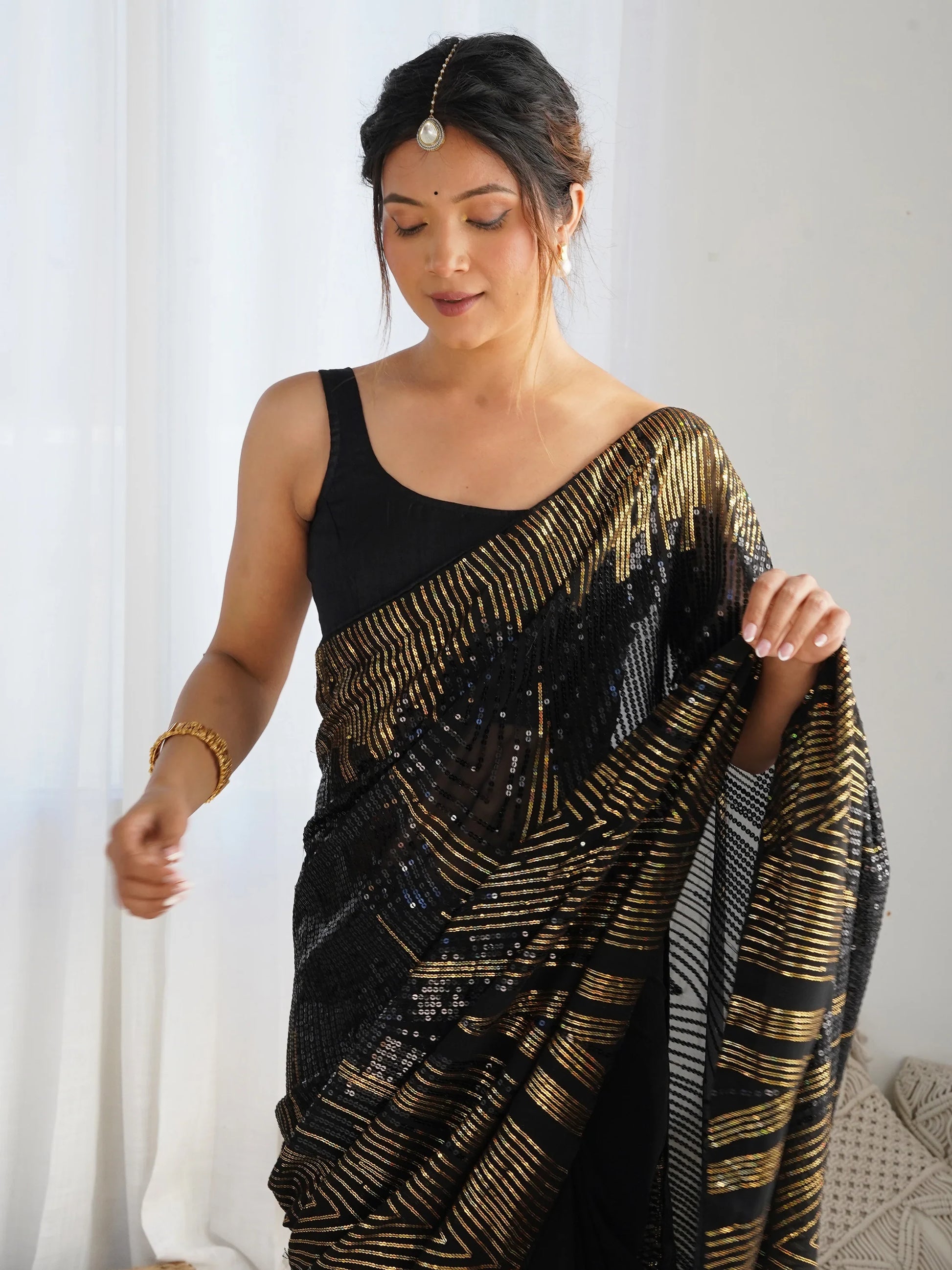 Graceful Black Sequins Georgette Party Wear Saree With Blouse - Zeel Clothing