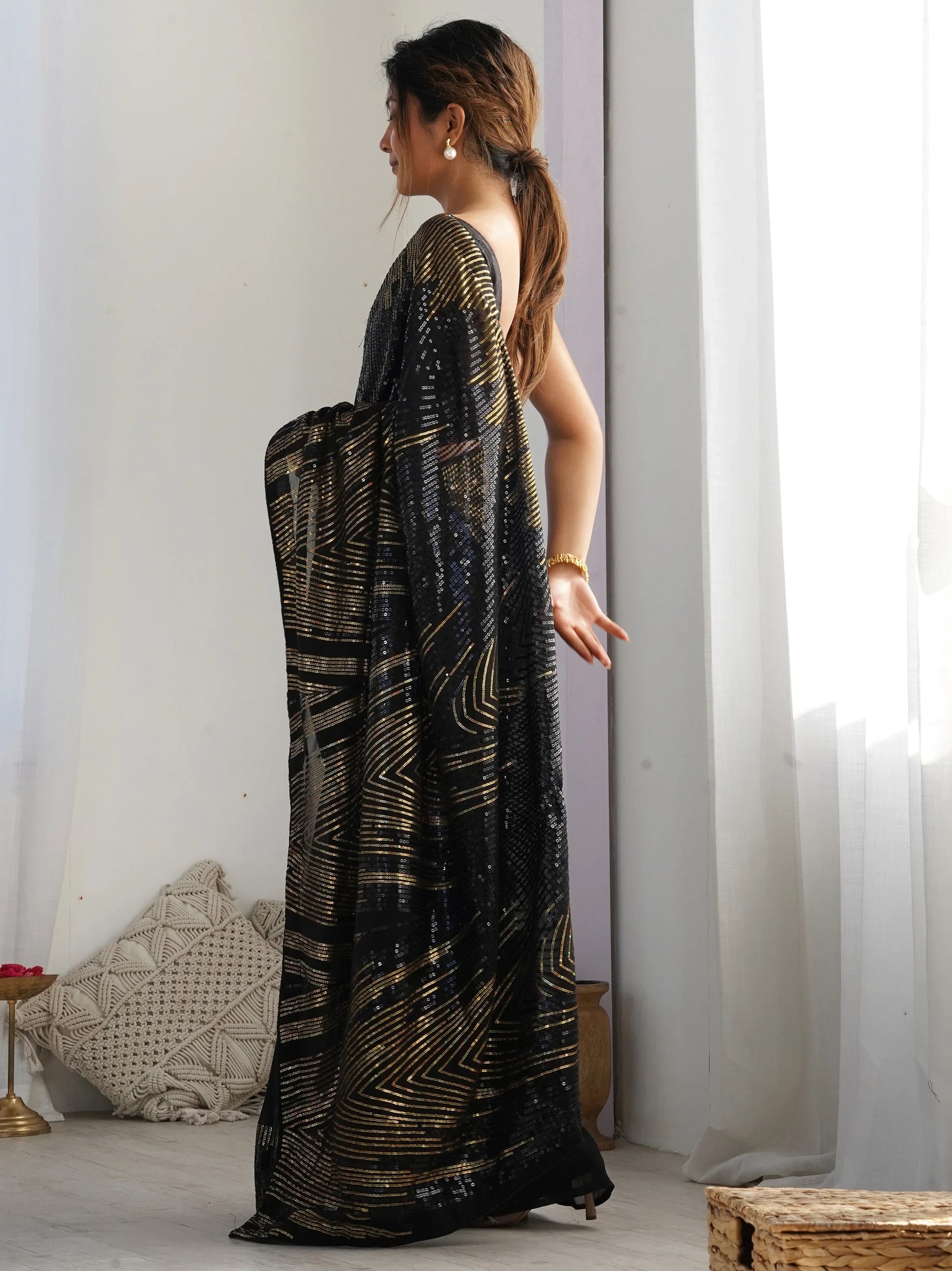 Graceful Black Sequins Georgette Party Wear Saree With Blouse - Zeel Clothing