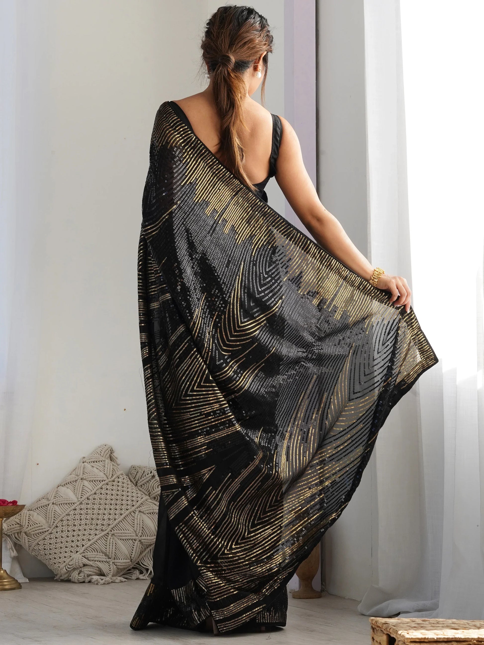 Graceful Black Sequins Georgette Party Wear Saree With Blouse - Zeel Clothing