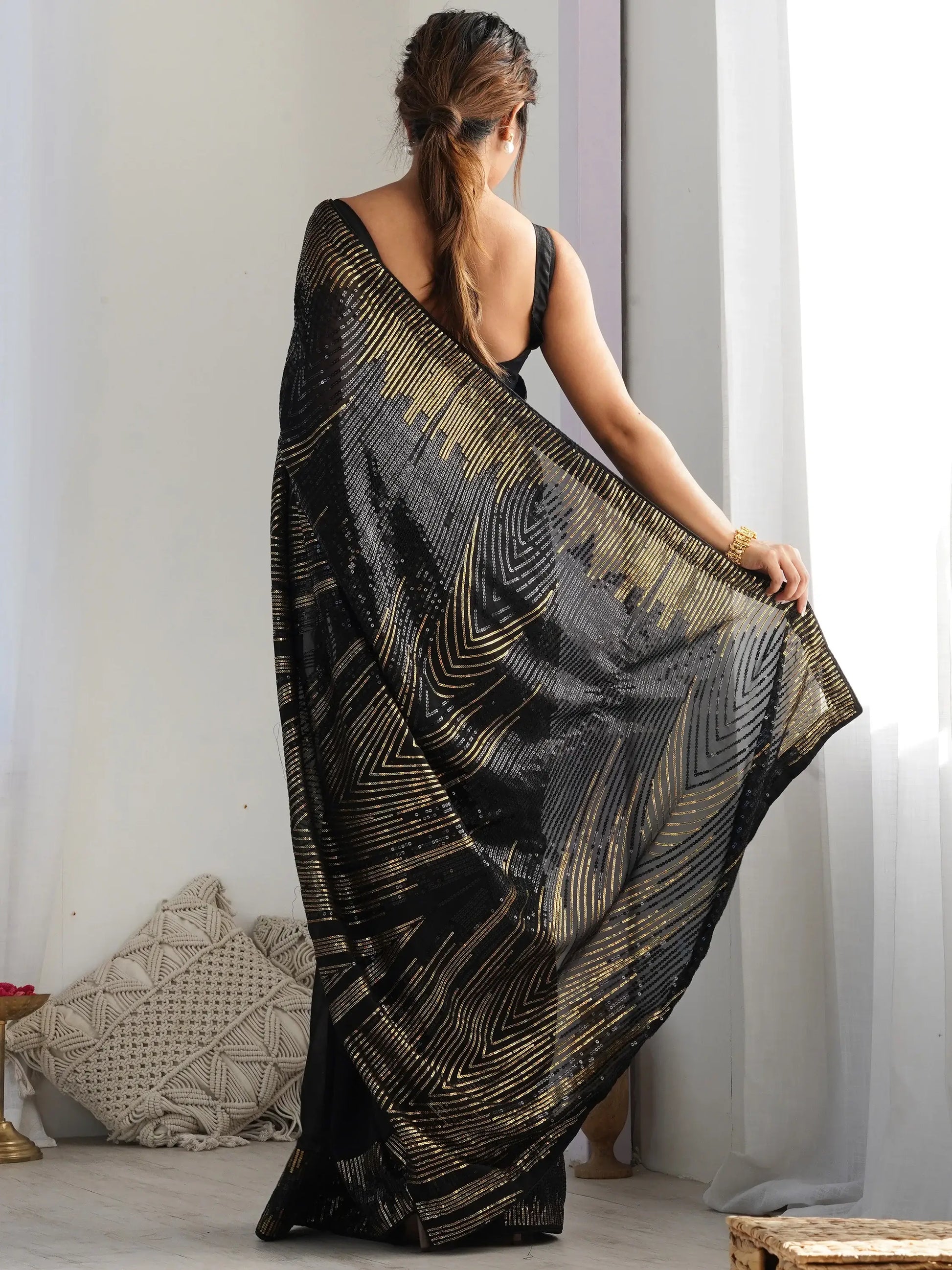 Graceful Black Sequins Georgette Party Wear Saree With Blouse - Zeel Clothing