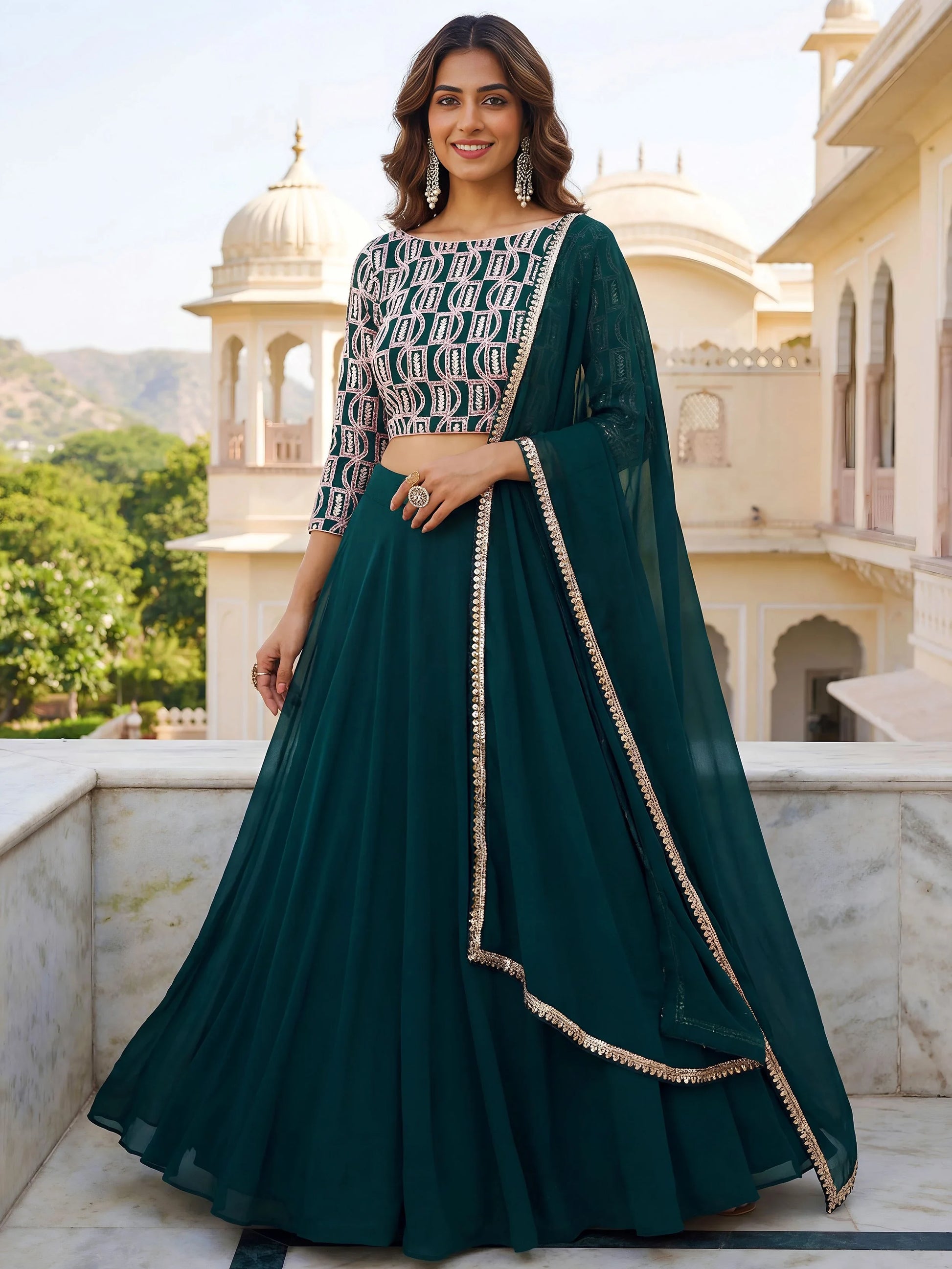 Graceful Green Sequins Georgette Festival Wear Lehenga With Dupatta