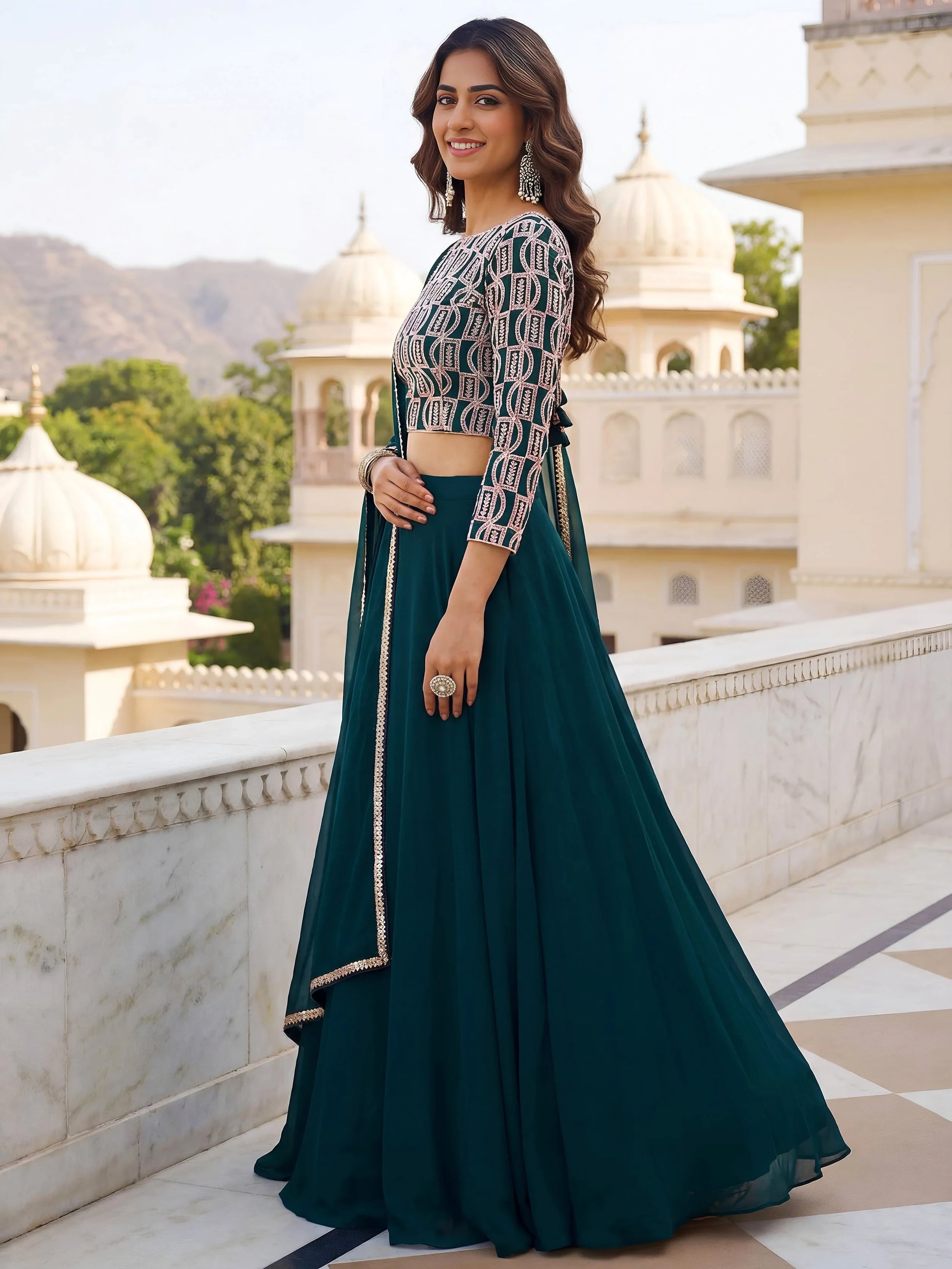 Graceful Green Sequins Georgette Festival Wear Lehenga With Dupatta