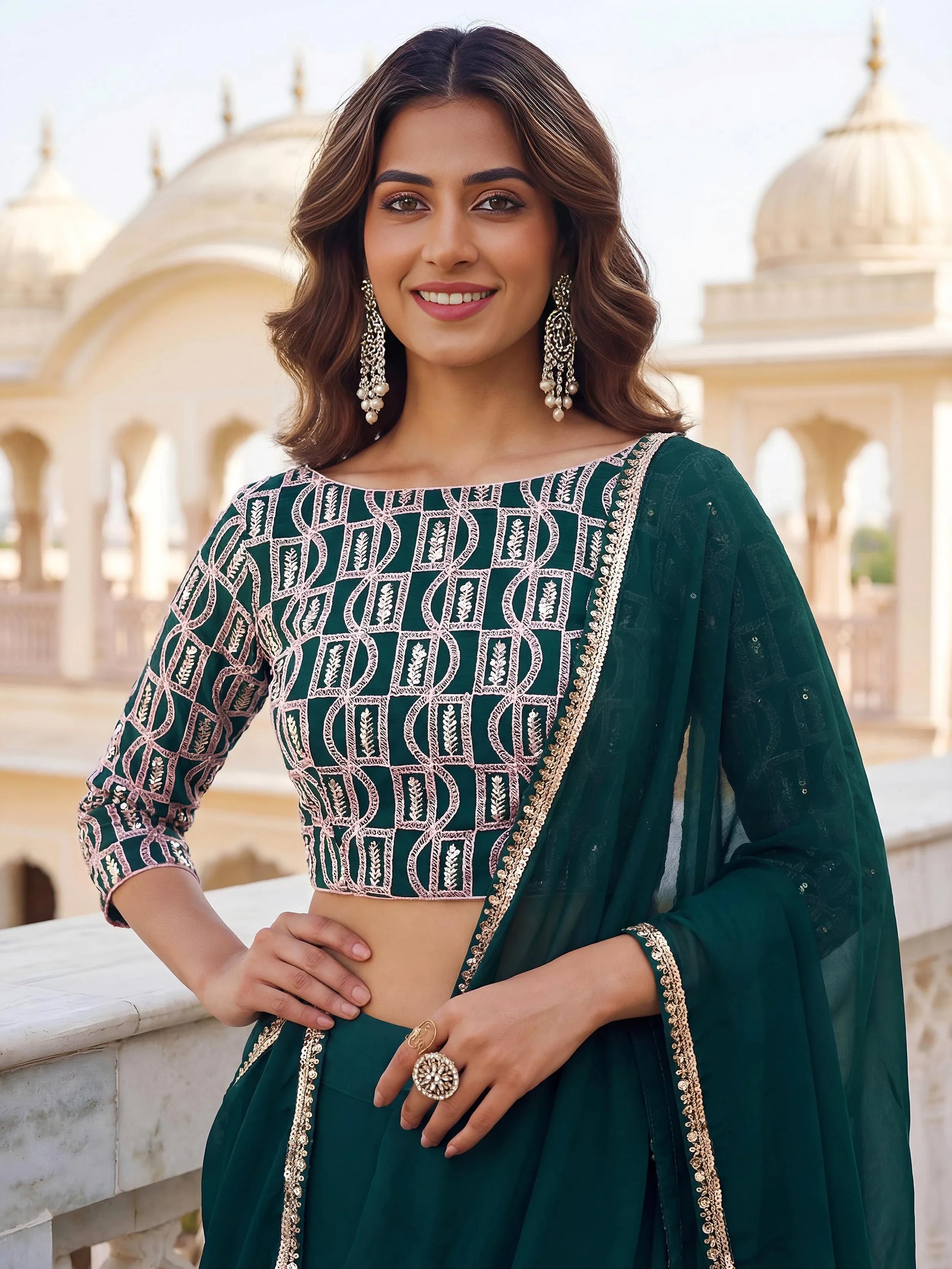 Graceful Green Sequins Georgette Festival Wear Lehenga With Dupatta