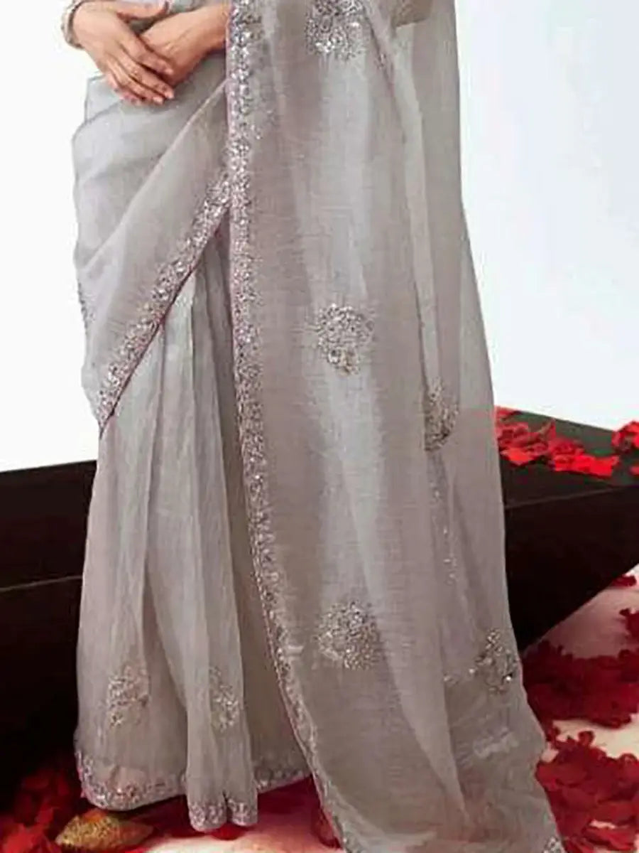 Graceful Grey Sequins Embroidered Organza Evening Wear Saree With Blouse - Zeel Clothing