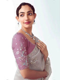 Graceful Grey Sequins Embroidered Organza Evening Wear Saree With Blouse - Zeel Clothing