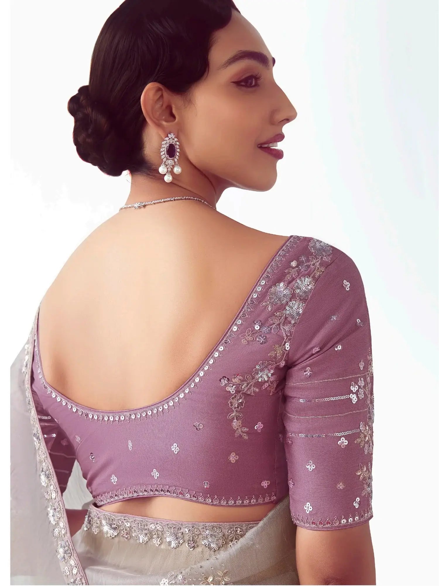 Graceful Grey Sequins Embroidered Organza Evening Wear Saree With Blouse - Zeel Clothing