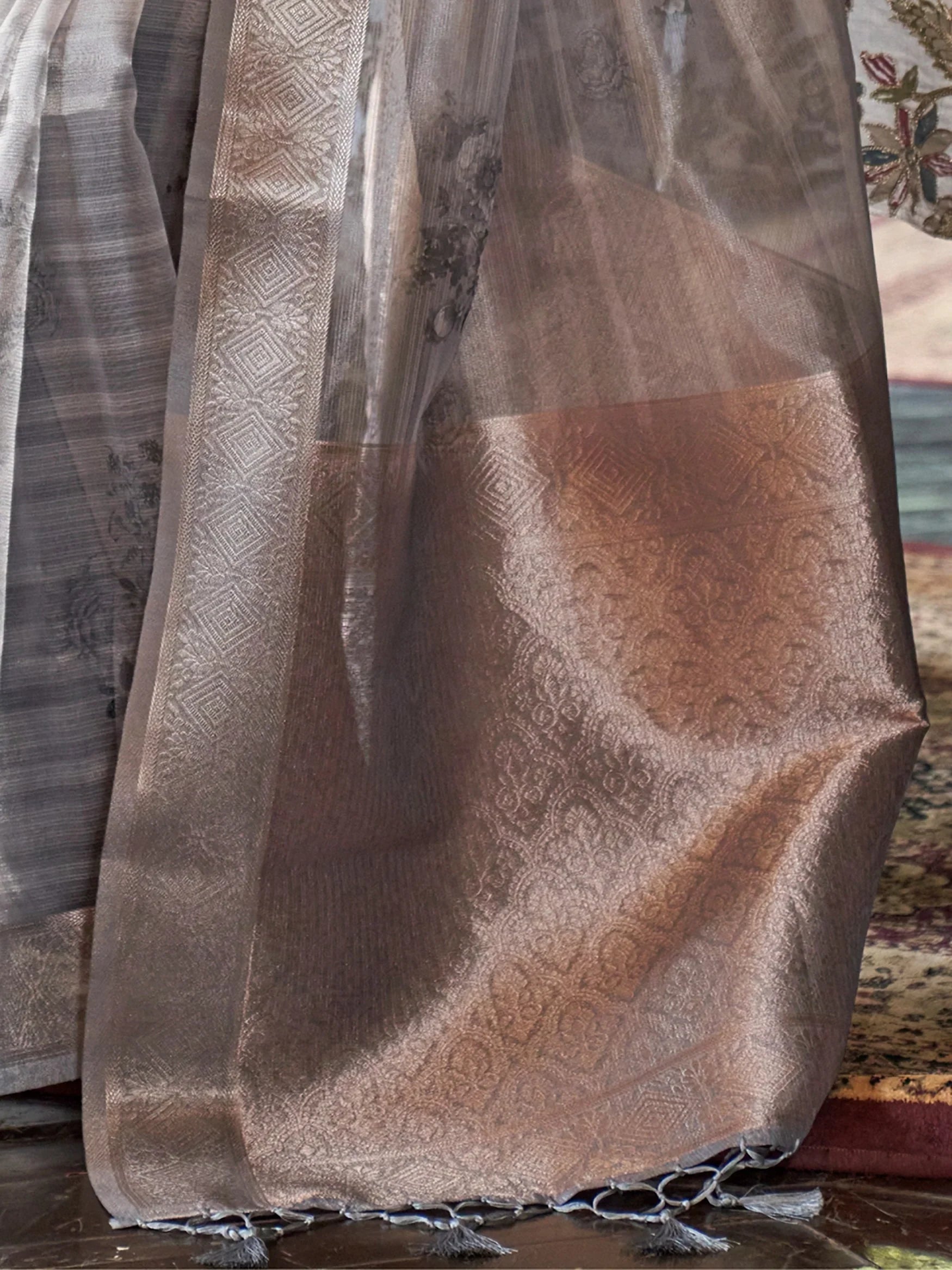 Graceful Grey Zari Weaving Organza Function Wear Saree With Blouse