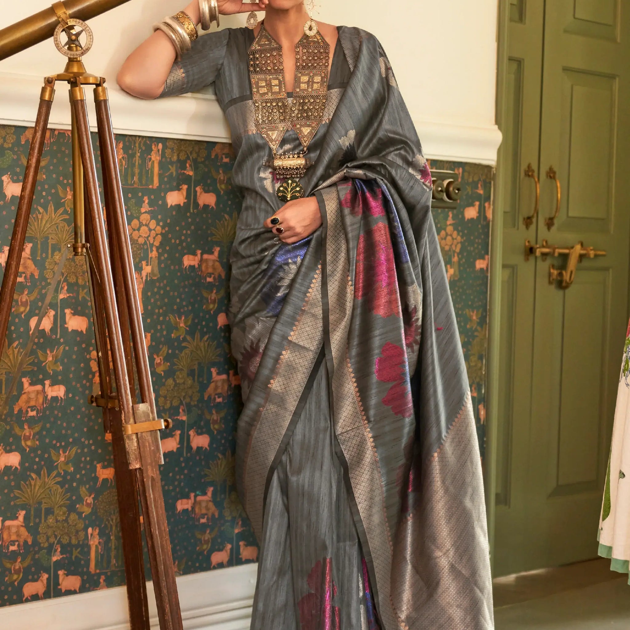 Graceful Grey Zari Weaving Silk Wedding Wear Saree With Blouse - Zeel Clothing