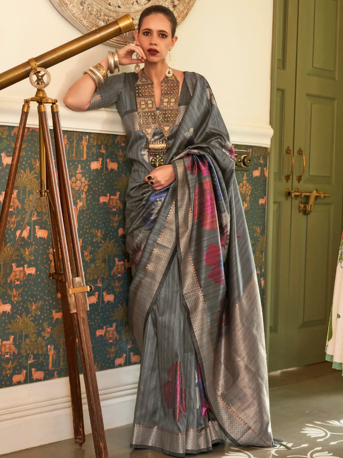 Graceful Grey Zari Weaving Silk Wedding Wear Saree With Blouse - Zeel Clothing