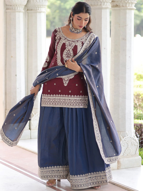 Graceful Maroon Sequins Work Silk Festival Wear Sharara Suit