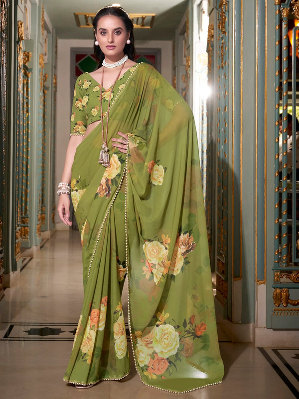 Graceful Mehendi Green Floral Printed Georgette Wedding Wear Saree - Zeel Clothing