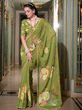 Graceful Mehendi Green Floral Printed Georgette Wedding Wear Saree - Zeel Clothing