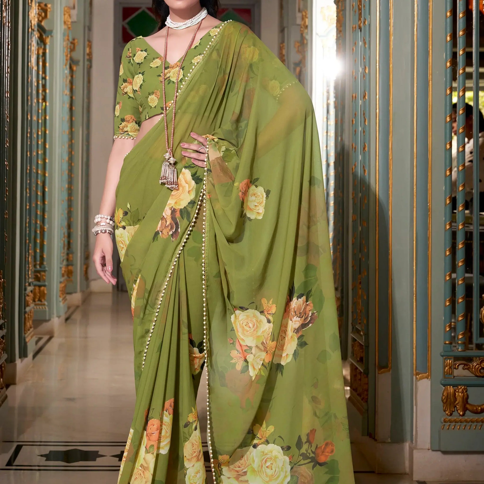 Graceful Mehendi Green Floral Printed Georgette Wedding Wear Saree - Zeel Clothing