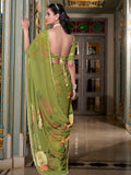 Graceful Mehendi Green Floral Printed Georgette Wedding Wear Saree - Zeel Clothing