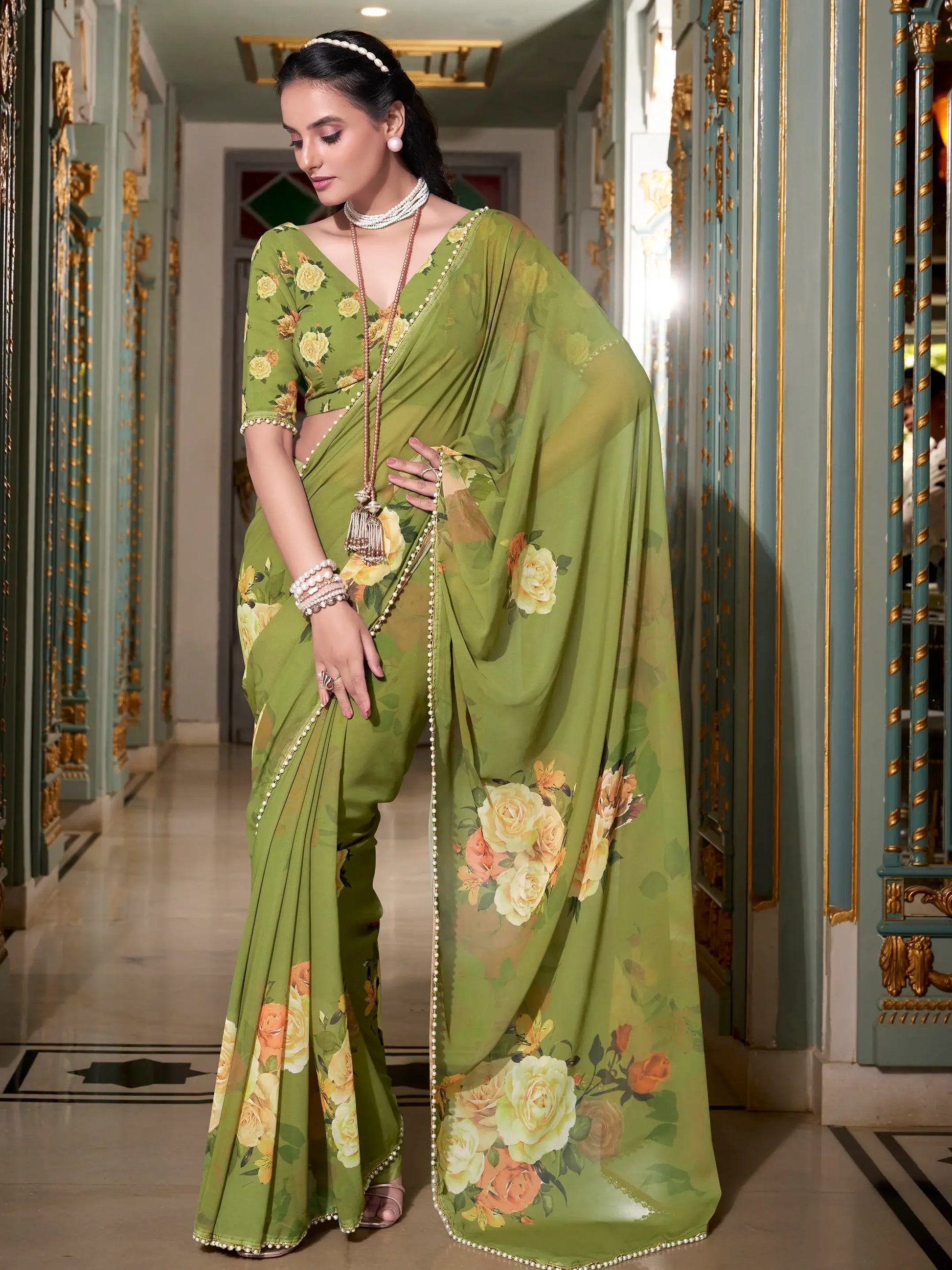 Graceful Mehendi Green Floral Printed Georgette Wedding Wear Saree - Zeel Clothing
