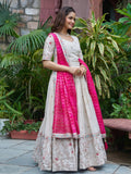 Graceful Off-White Heavy Work Silk Lehenga Choli With Pink Dupatta
