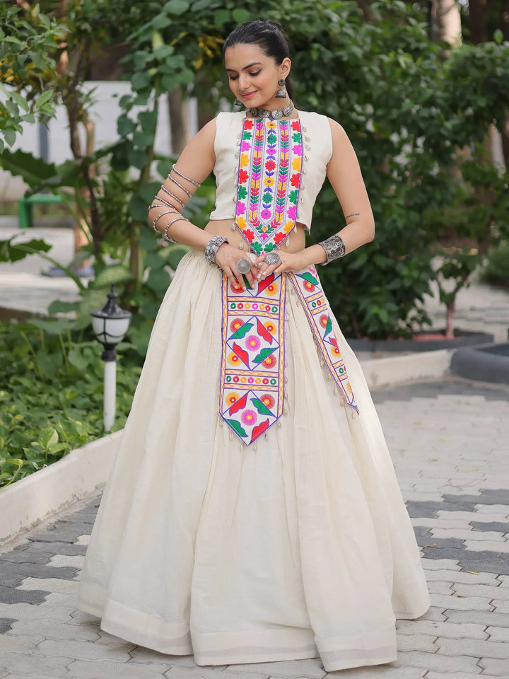 Graceful Off-White Kutchi Gamthi Work Cotton Navratri Wear Lehenga Choli - Zeel Clothing