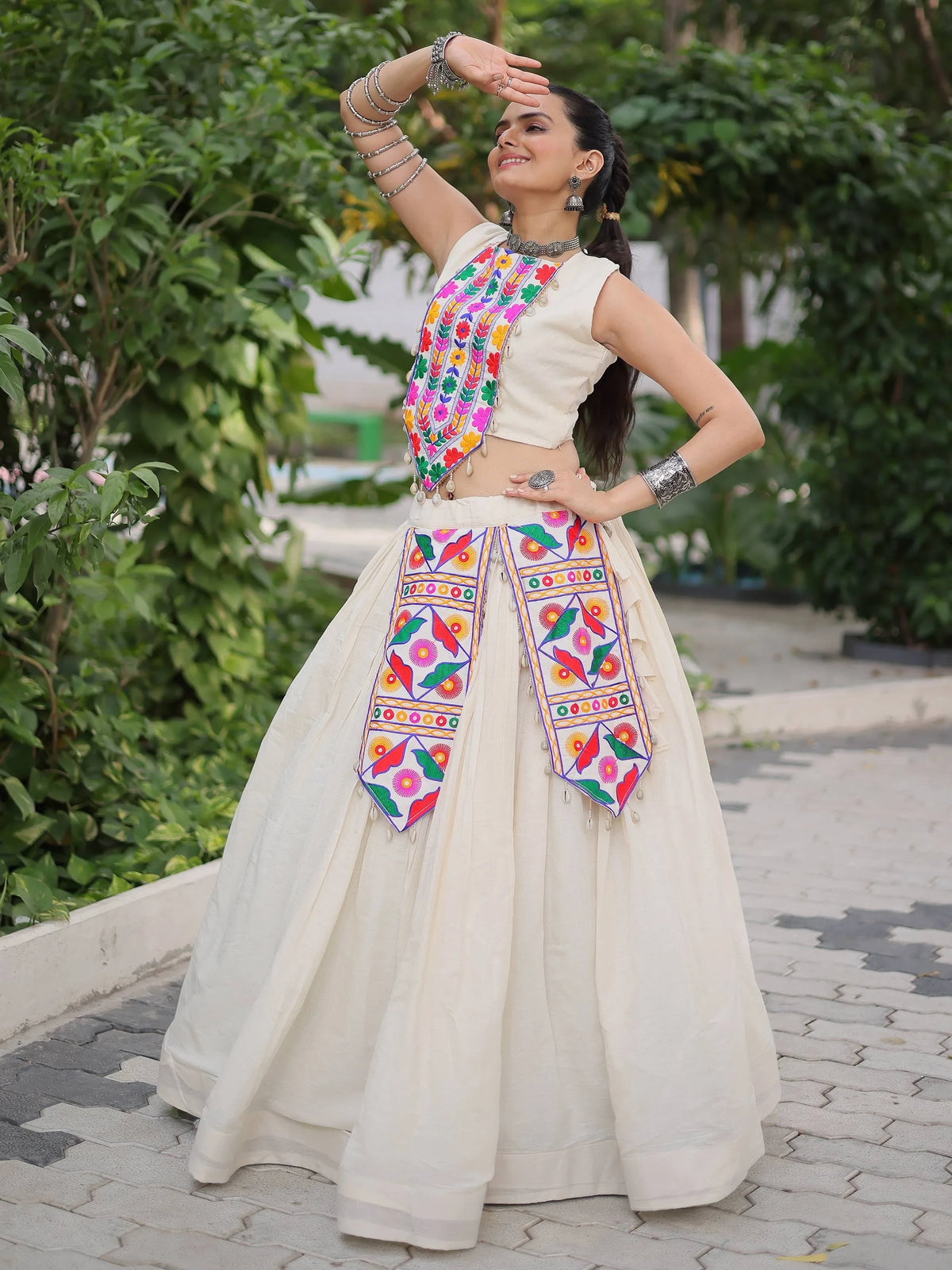 Graceful Off-White Kutchi Gamthi Work Cotton Navratri Wear Lehenga Choli - Zeel Clothing