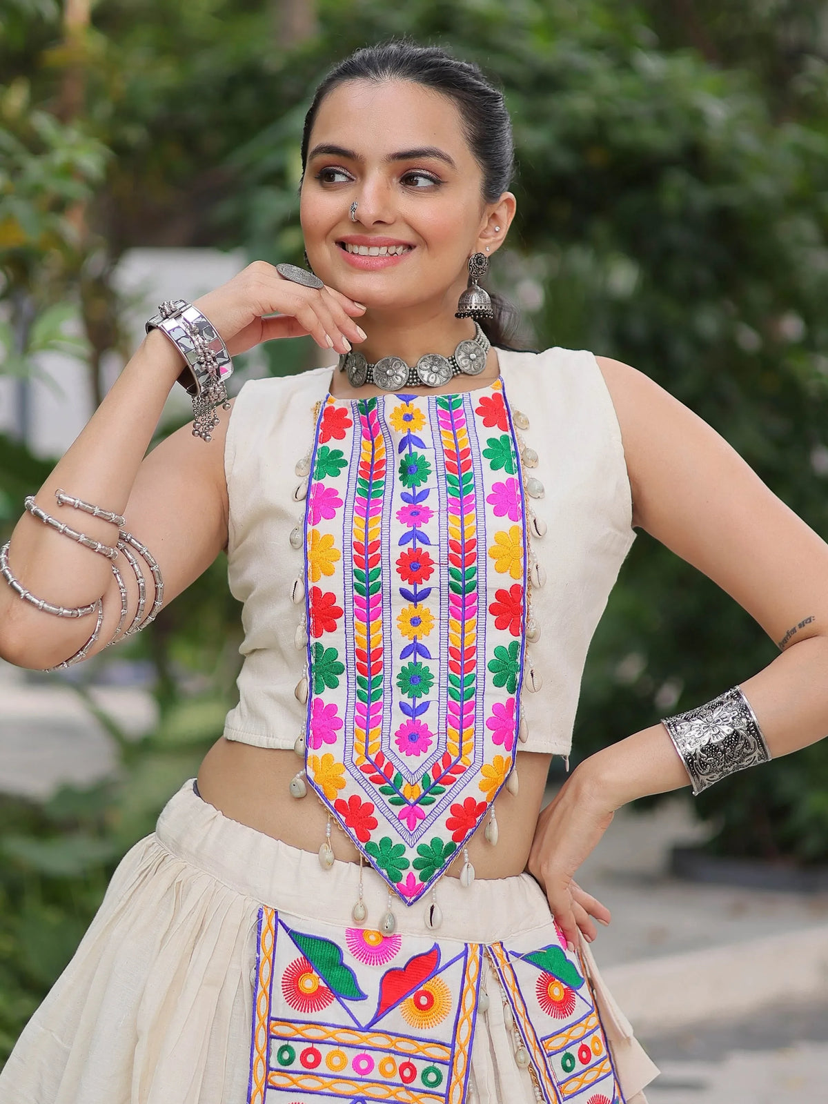 Graceful Off-White Kutchi Gamthi Work Cotton Navratri Wear Lehenga Choli - Zeel Clothing
