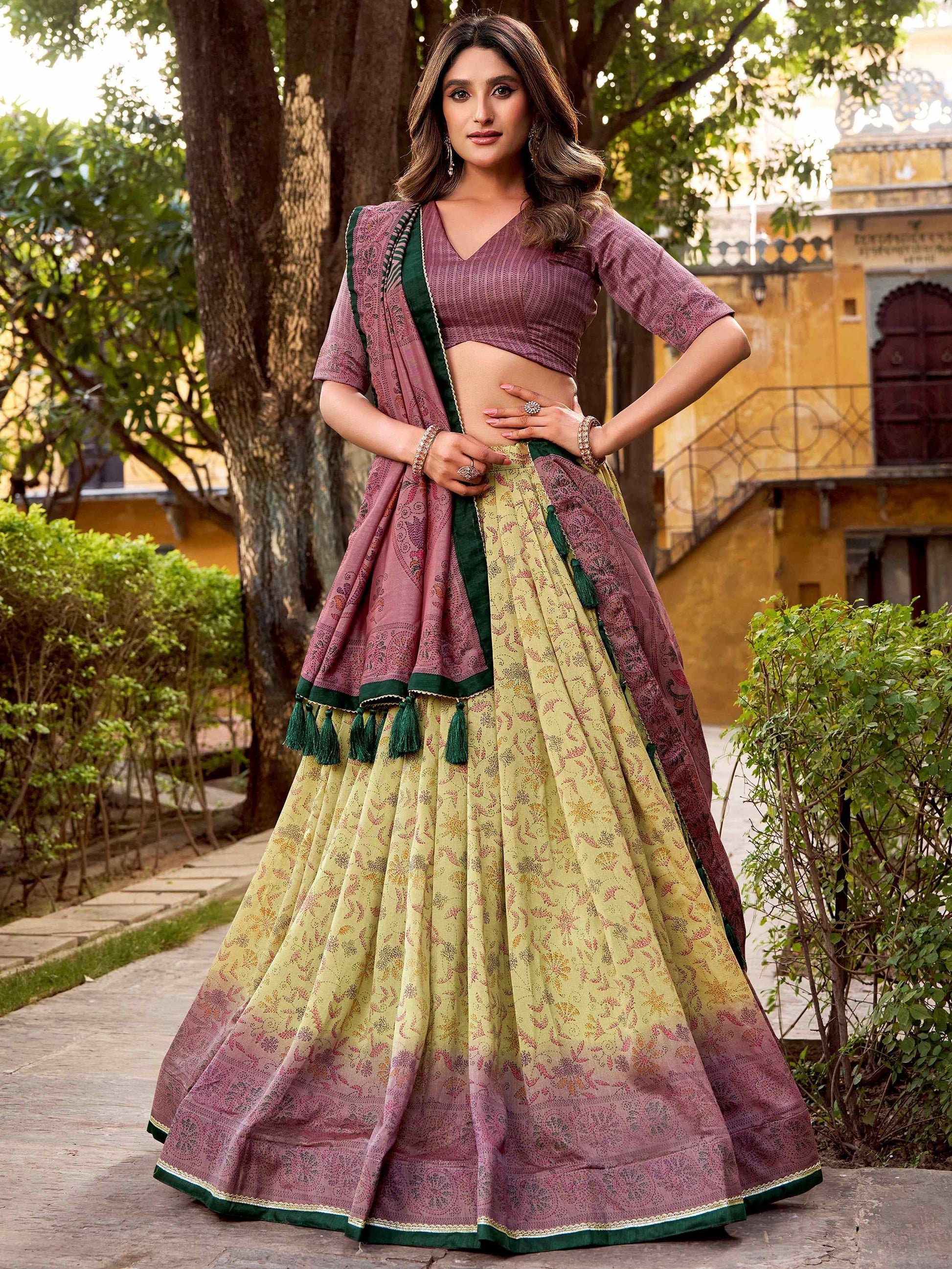 Graceful Pastel Yellow Printed Silk Festival Wear Lehenga With Dupatta