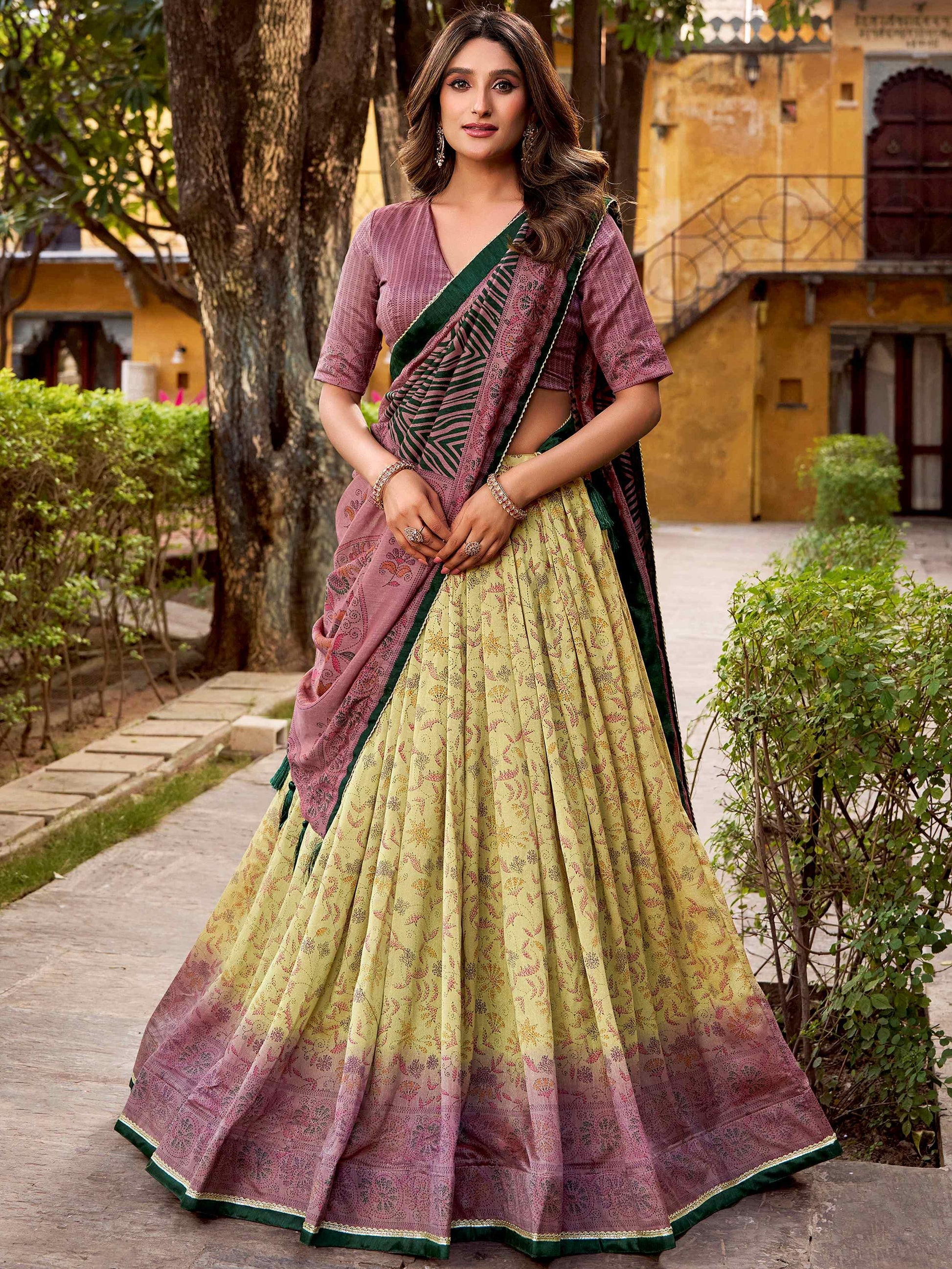 Graceful Pastel Yellow Printed Silk Festival Wear Lehenga With Dupatta
