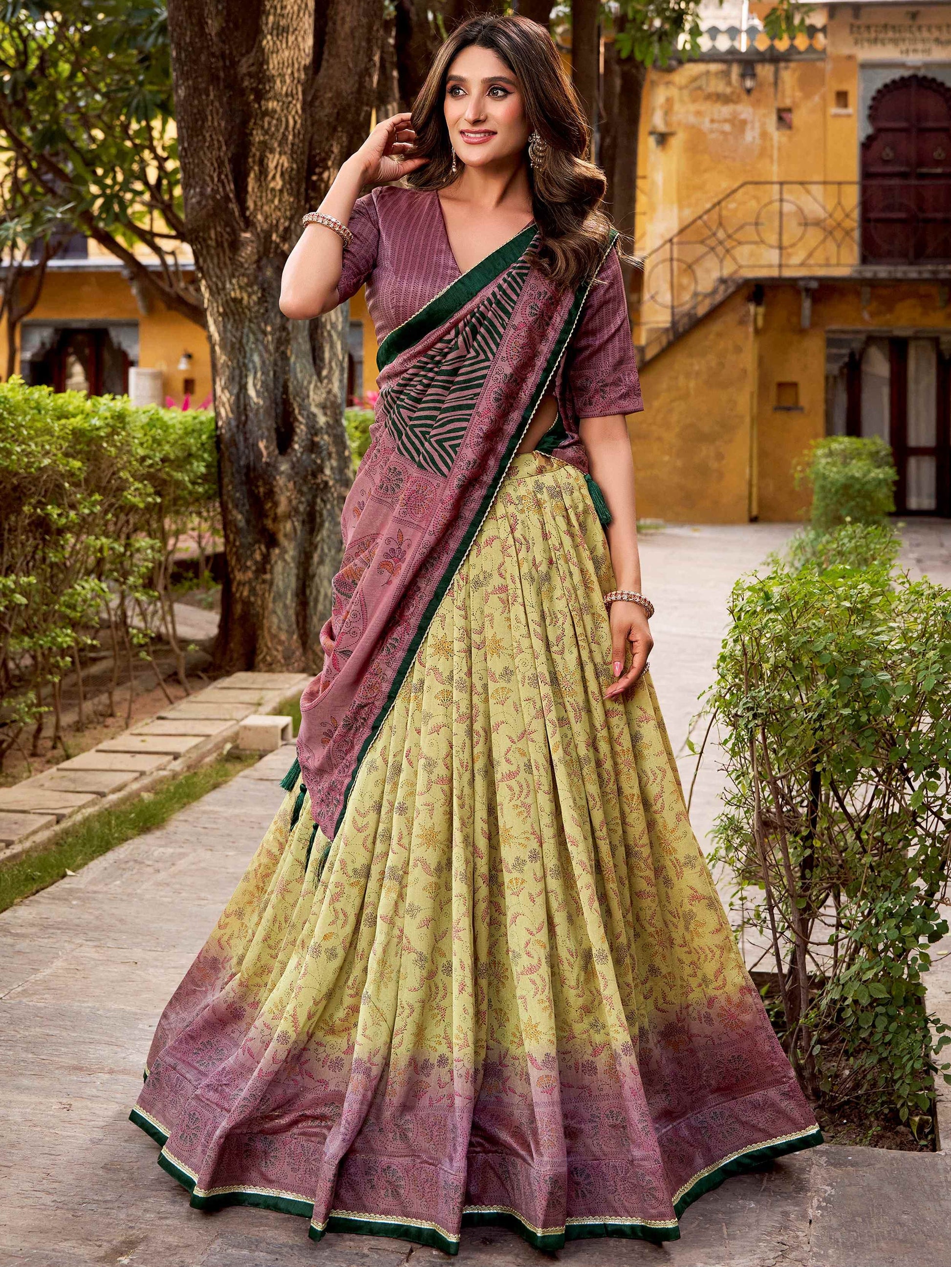 Graceful Pastel Yellow Printed Silk Festival Wear Lehenga With Dupatta