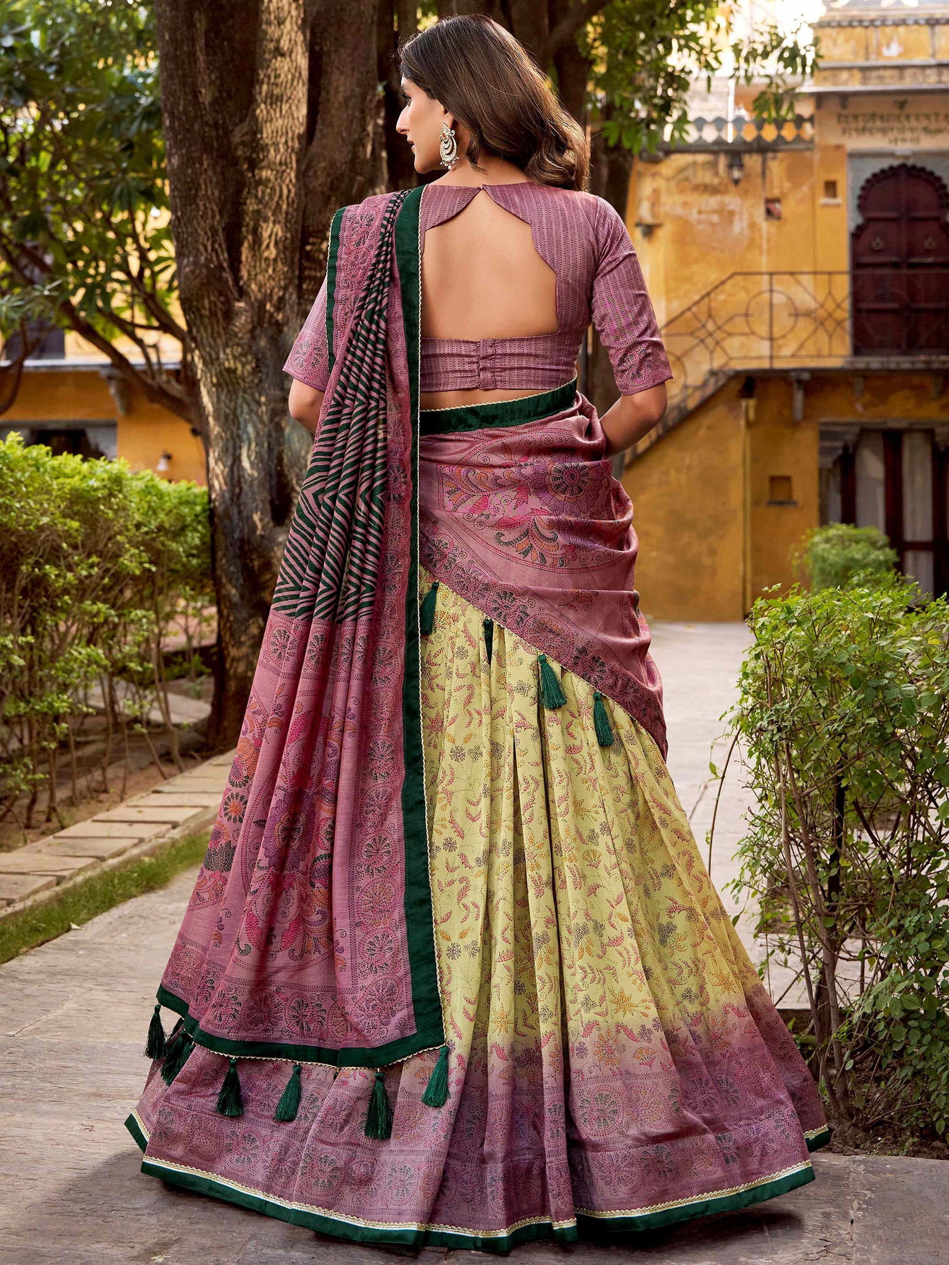 Graceful Pastel Yellow Printed Silk Festival Wear Lehenga With Dupatta