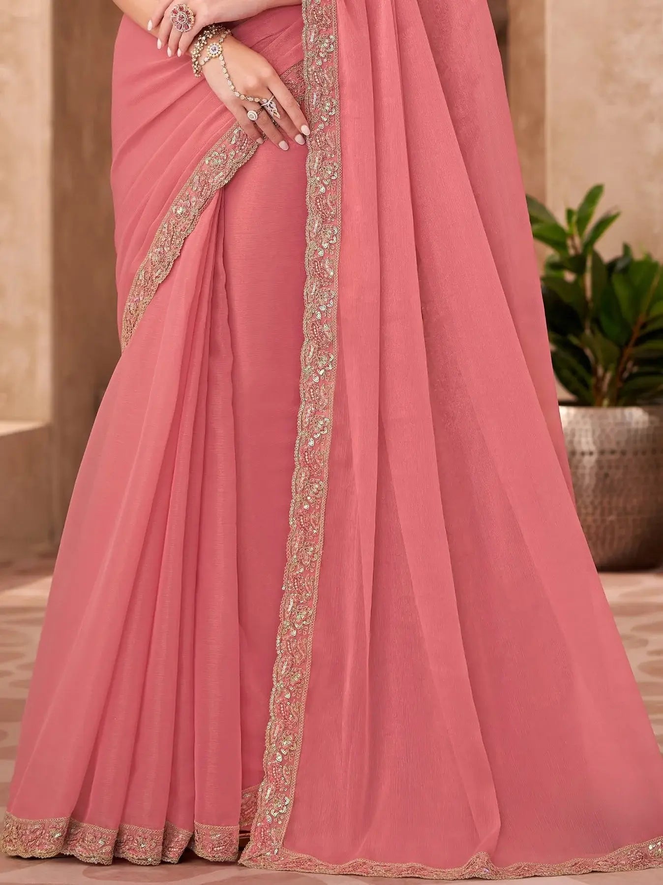 Graceful Peach Border Work Georgette Engagement Wear Saree With Blouse - Zeel Clothing