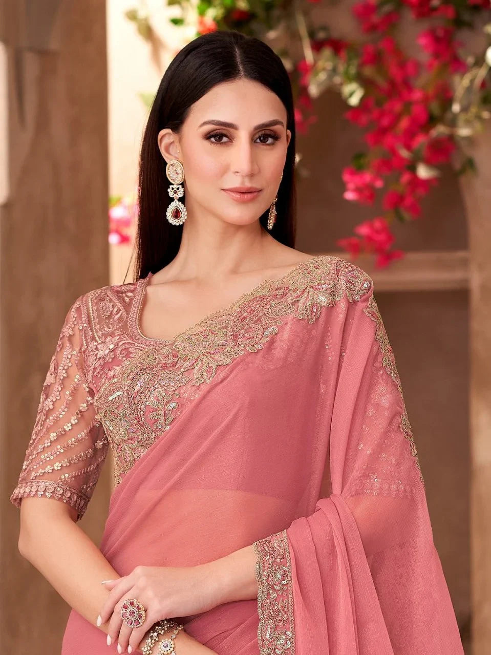 Graceful Peach Border Work Georgette Engagement Wear Saree With Blouse - Zeel Clothing
