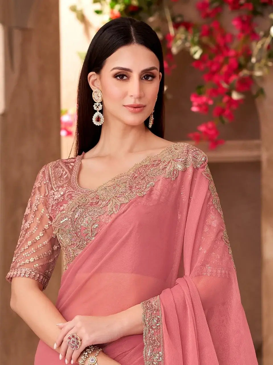 Graceful Peach Border Work Georgette Engagement Wear Saree With Blouse - Zeel Clothing