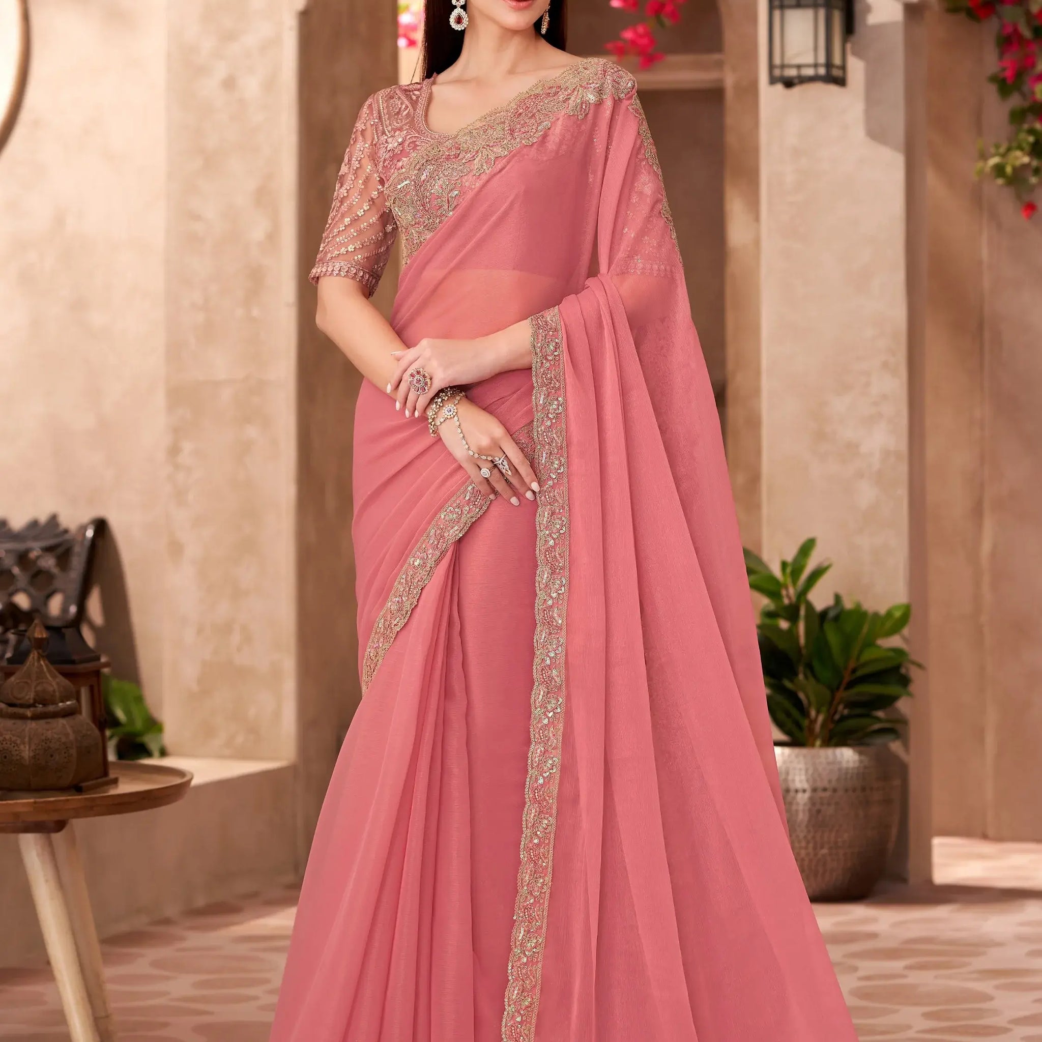 Graceful Peach Border Work Georgette Engagement Wear Saree With Blouse - Zeel Clothing