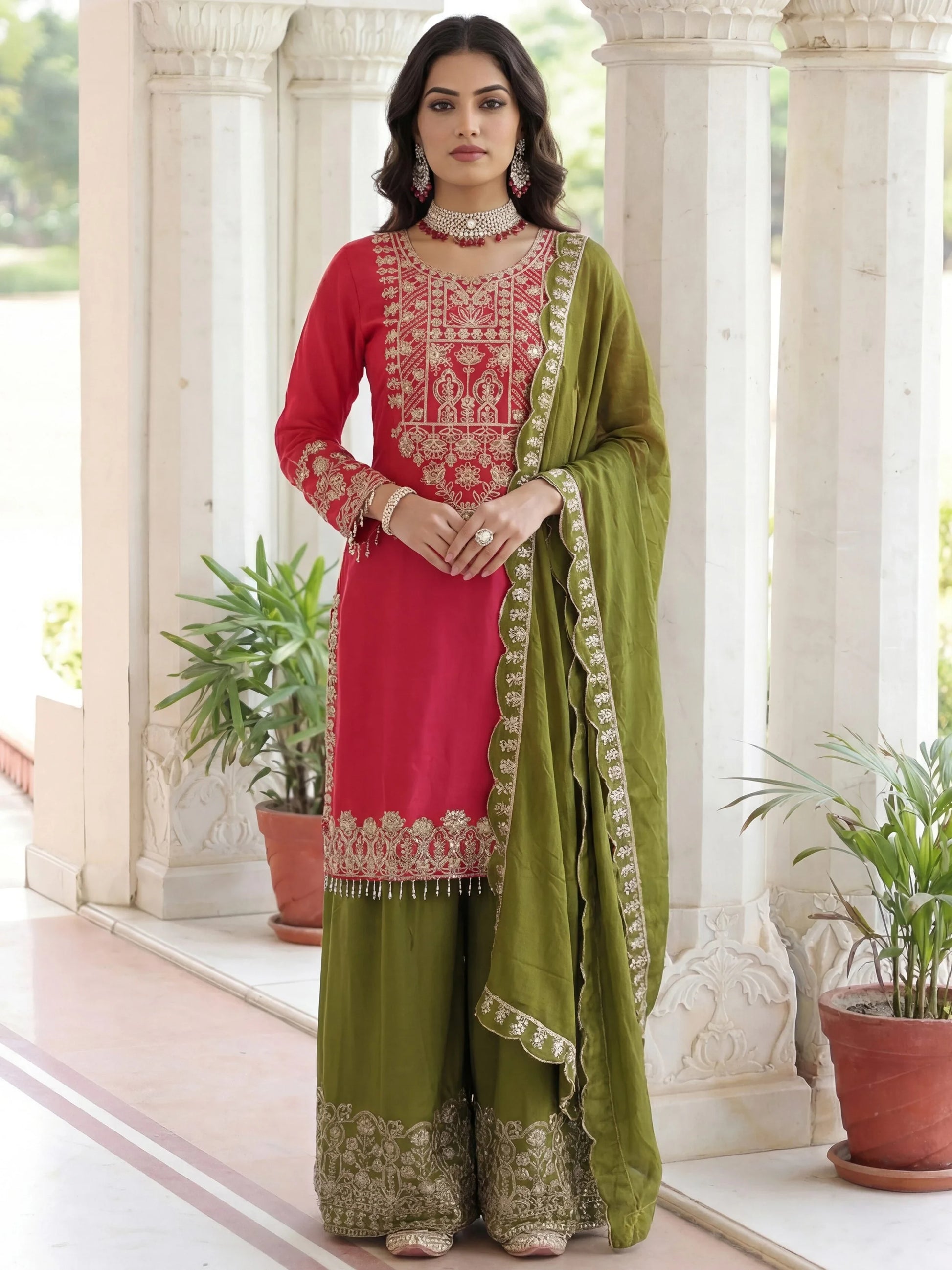 Graceful Pink Embroidery Coding Work Chinon Wedding Wear Palazzo Suit