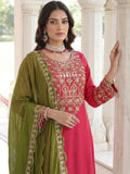 Graceful Pink Embroidery Coding Work Chinon Wedding Wear Palazzo Suit