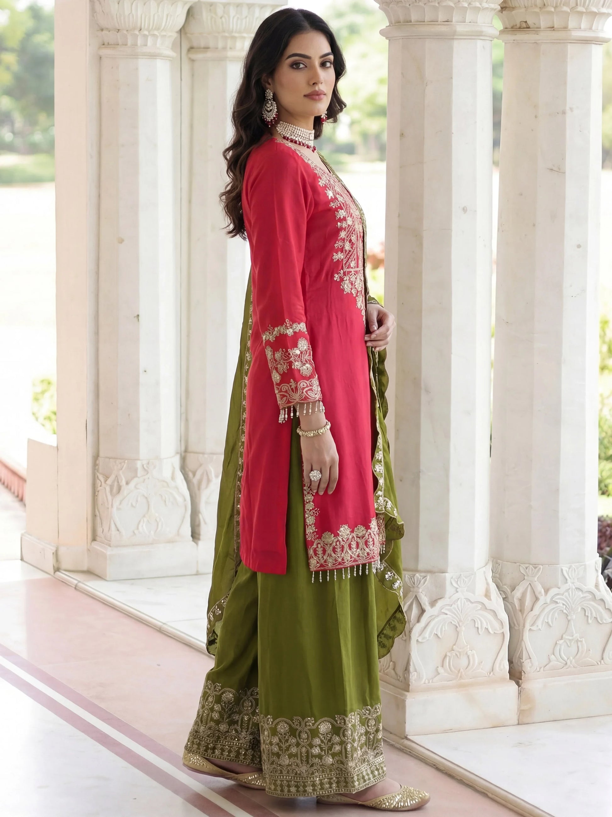 Graceful Pink Embroidery Coding Work Chinon Wedding Wear Palazzo Suit