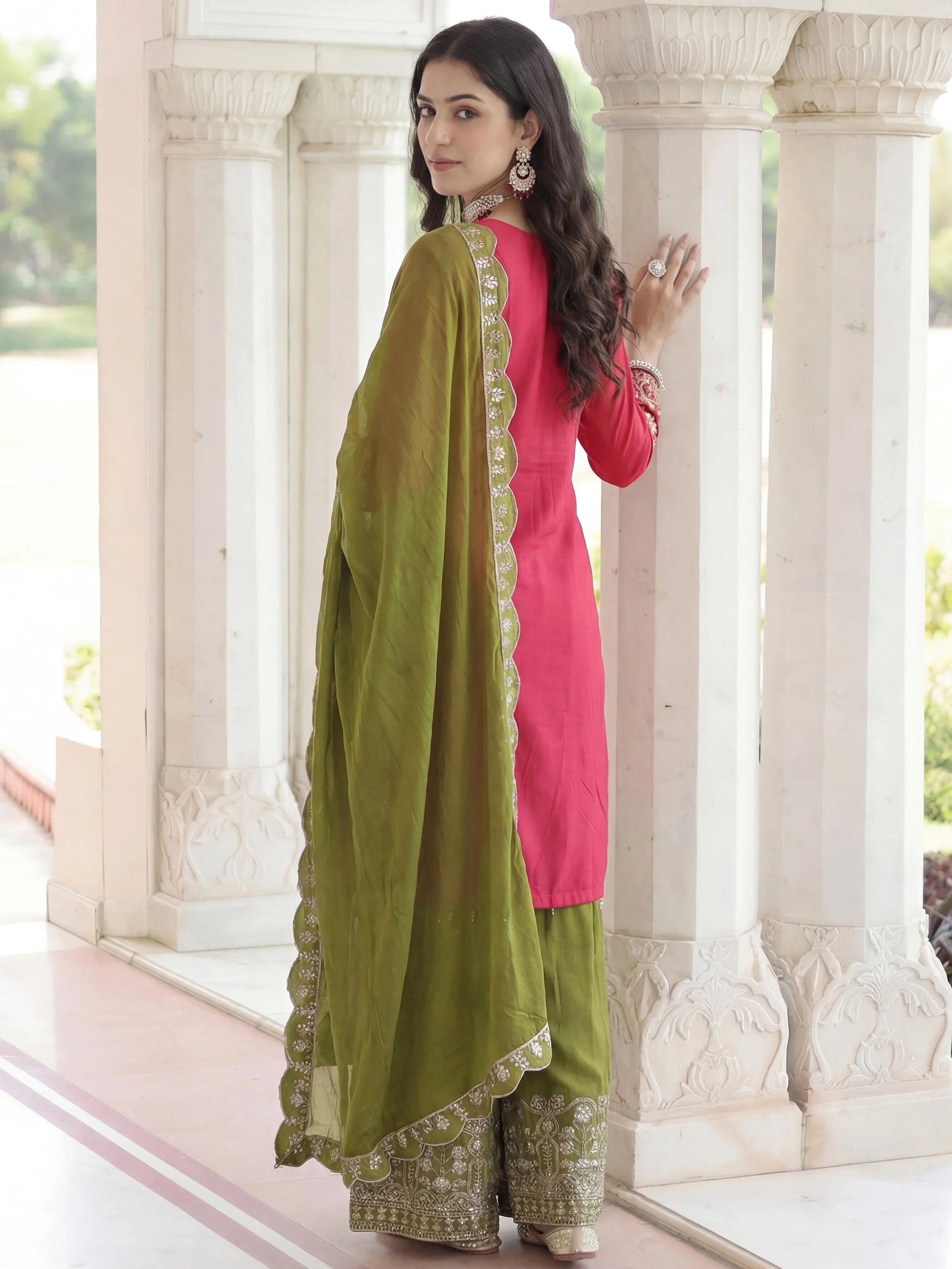 Graceful Pink Embroidery Coding Work Chinon Wedding Wear Palazzo Suit