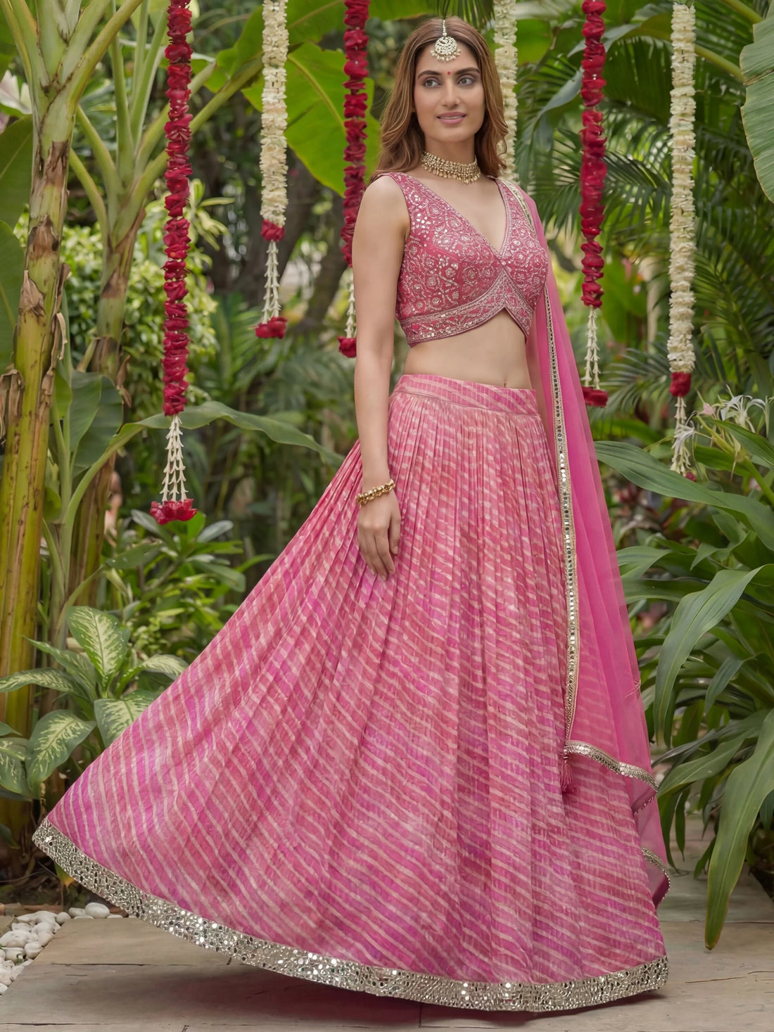 Graceful Pink Printed Organza Sangeet Wear Lehenga Choli With Dupatta