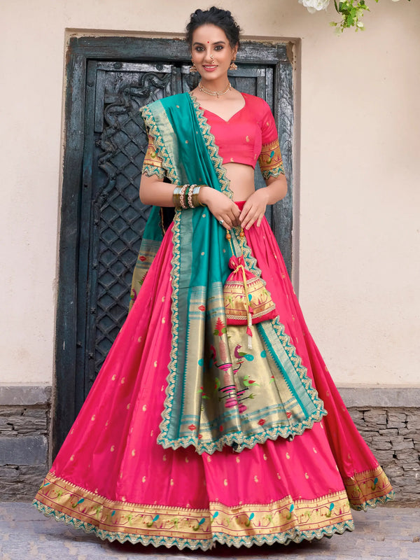 Graceful Pink Zari Weaving Silk Wedding Lehenga Choli With Dupatta - Zeel Clothing