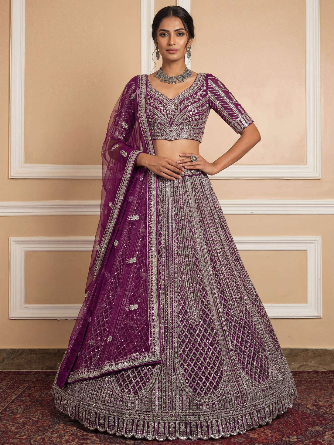 Graceful Purple Thread Embroidery Net Reception Wear Lehenga With Blouse
