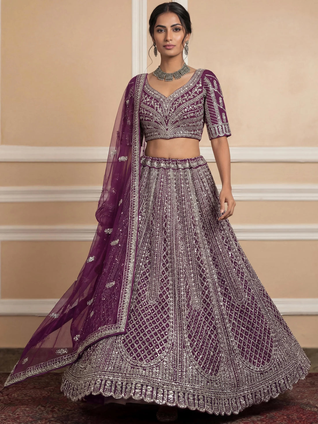 Graceful Purple Thread Embroidery Net Reception Wear Lehenga With Blouse