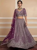 Graceful Purple Thread Embroidery Net Reception Wear Lehenga With Blouse