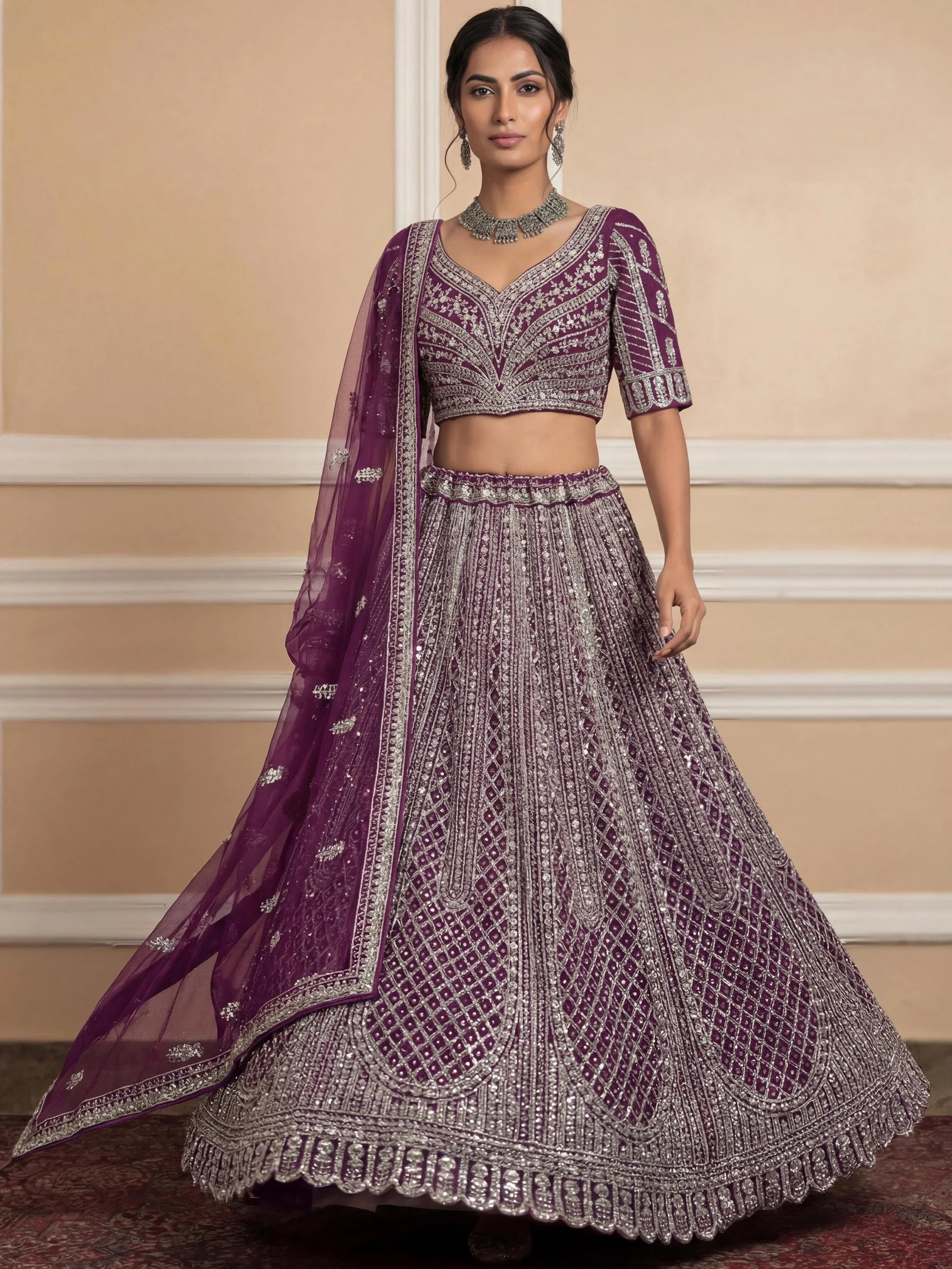 Graceful Purple Thread Embroidery Net Reception Wear Lehenga With Blouse