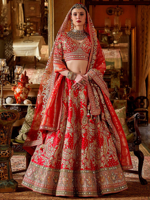 Graceful Red Sequins Silk Bridal Lehenga Choli With Double Dupatta