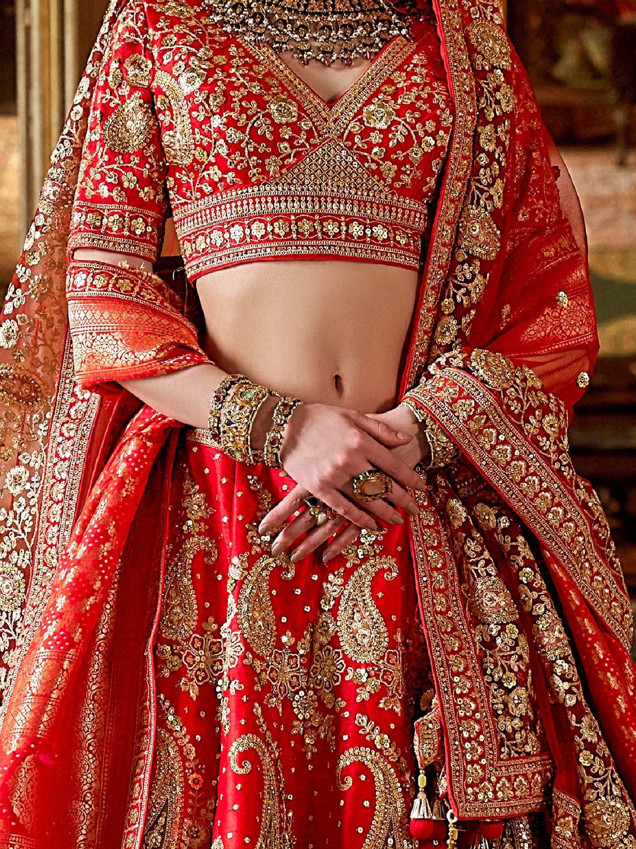 Graceful Red Sequins Silk Bridal Lehenga Choli With Double Dupatta