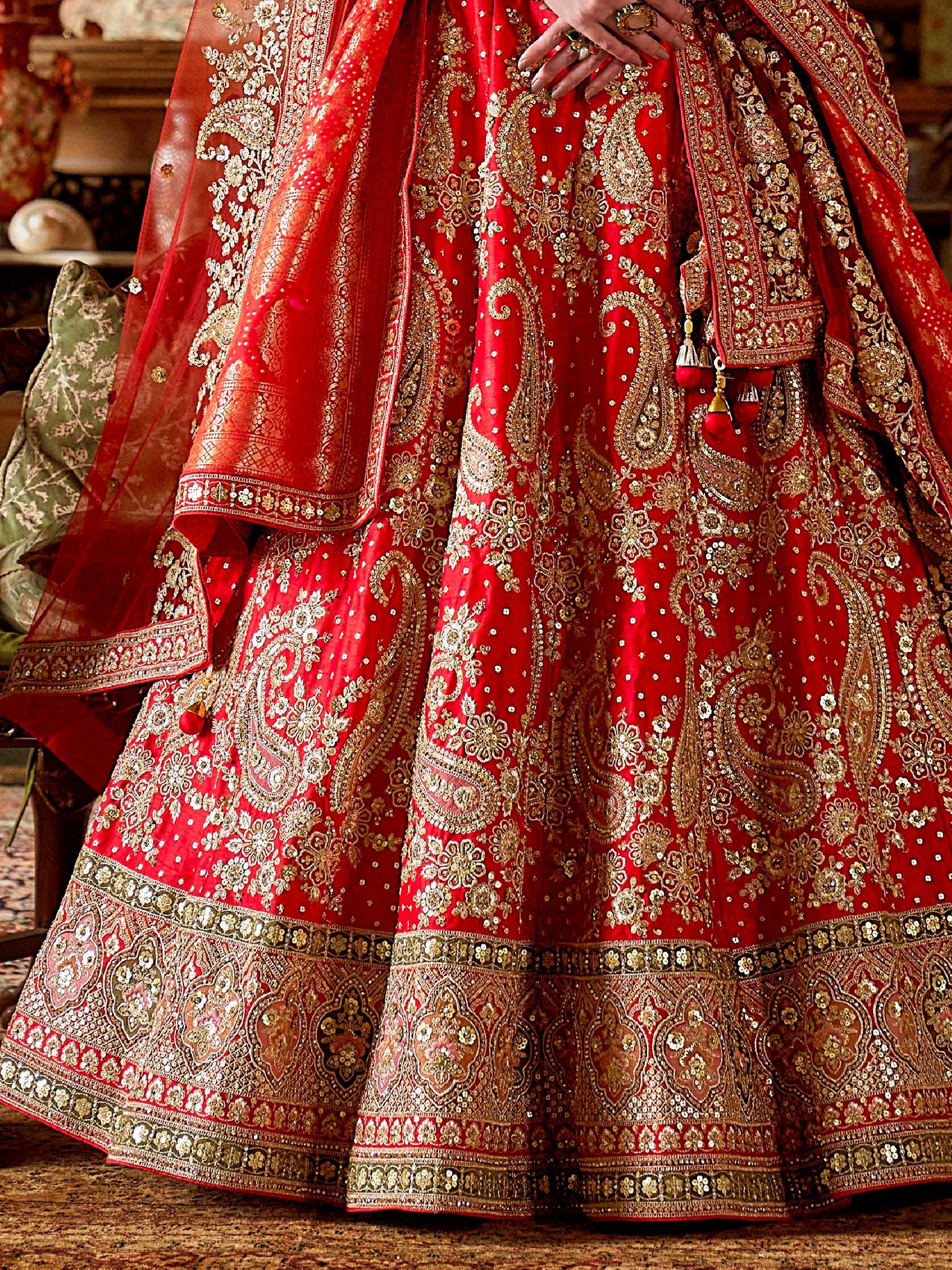 Graceful Red Sequins Silk Bridal Lehenga Choli With Double Dupatta