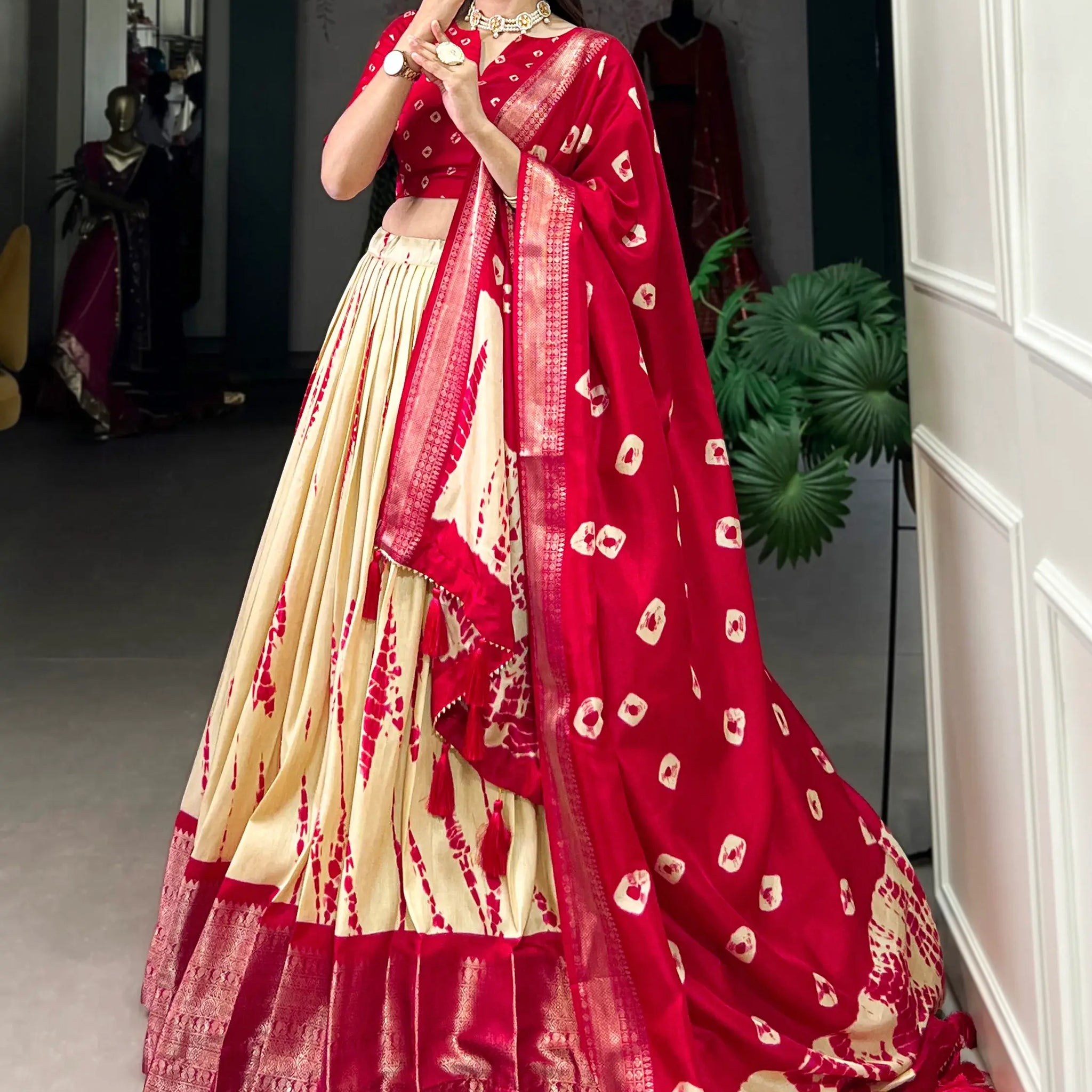 Graceful Red Shibori Printed Dola Silk Festival Wear Lehenga Choli - Zeel Clothing