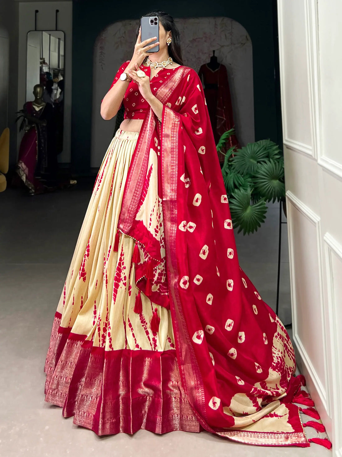 Graceful Red Shibori Printed Dola Silk Festival Wear Lehenga Choli - Zeel Clothing