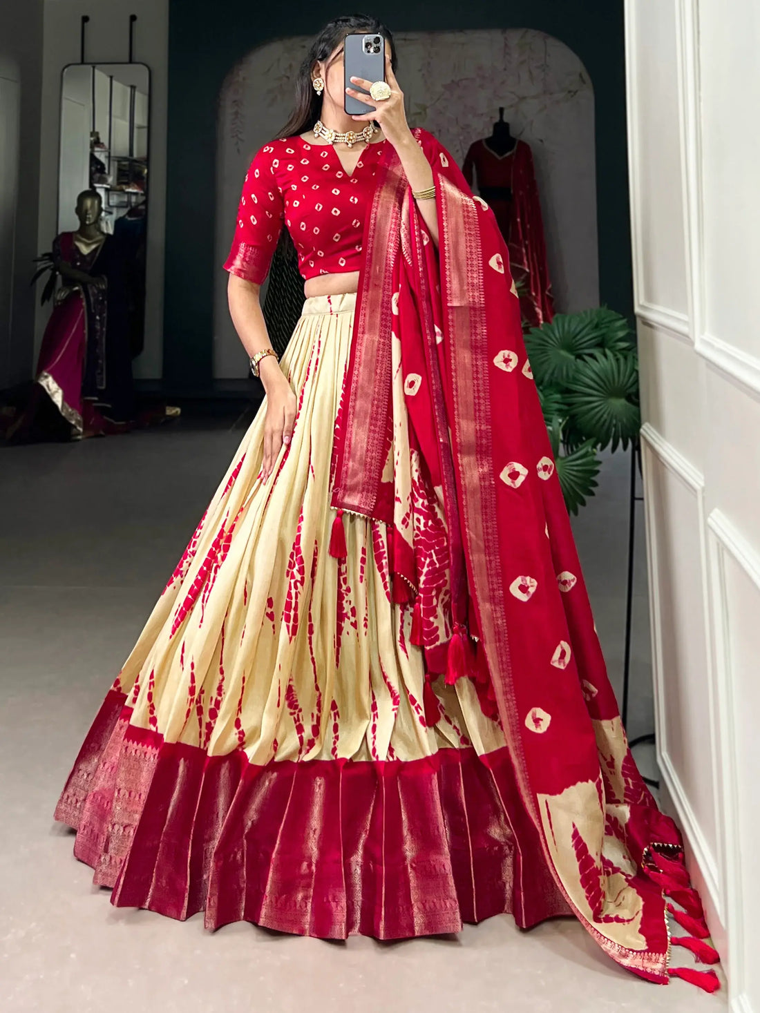 Graceful Red Shibori Printed Dola Silk Festival Wear Lehenga Choli - Zeel Clothing